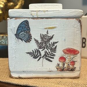 Vintage Decorative Box with lid Mushrooms Butterflies Fern nature motif